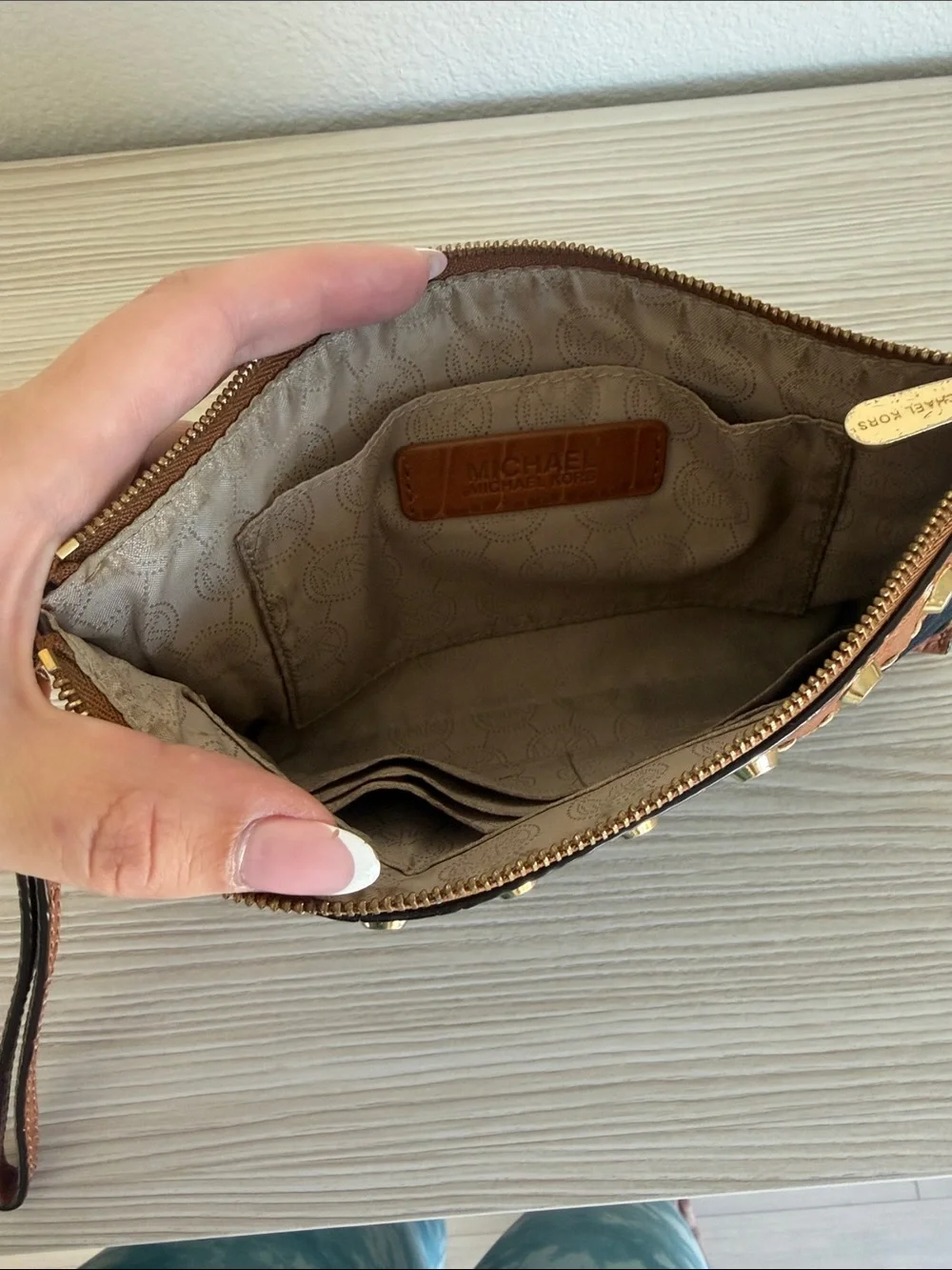 Michael Kors denim and Brown Studded Wristlet Clutch